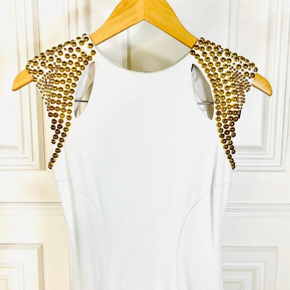 BEBE Addiction White Bodycon Mini with Gold Studded Shoulders XS - Picture 4 of 11